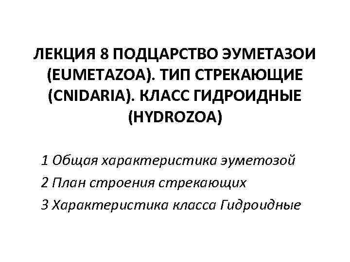 ЛЕКЦИЯ 8 ПОДЦАРСТВО ЭУМЕТАЗОИ (EUMETAZOA). ТИП СТРЕКАЮЩИЕ (CNIDARIA). КЛАСС ГИДРОИДНЫЕ (HYDROZOA) 1 Общая характеристика