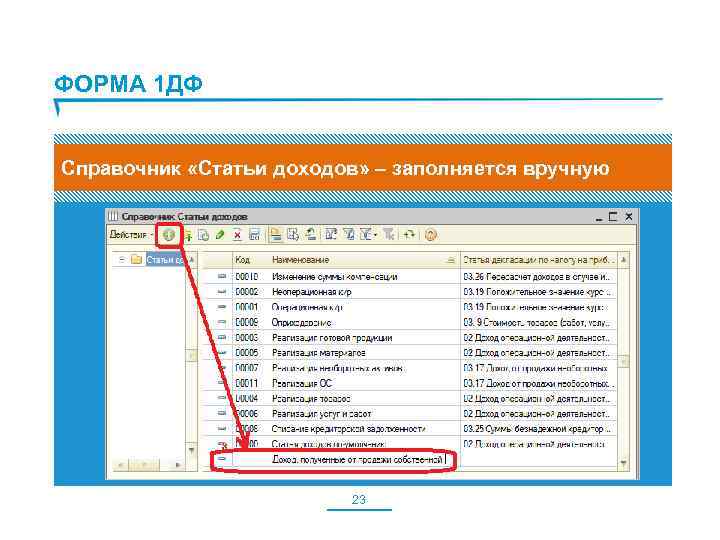ФОРМА 1 ДФ Справочник «Статьи доходов» – заполняется вручную 23 