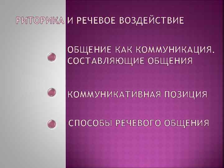 РИТОРИКА И РЕЧЕВОЕ ВОЗДЕЙСТВИЕ ОБЩЕНИЕ КАК КОММУНИКАЦИЯ. СОСТАВЛЯЮЩИЕ ОБЩЕНИЯ КОММУНИКАТИВНАЯ ПОЗИЦИЯ СПОСОБЫ РЕЧЕВОГО ОБЩЕНИЯ