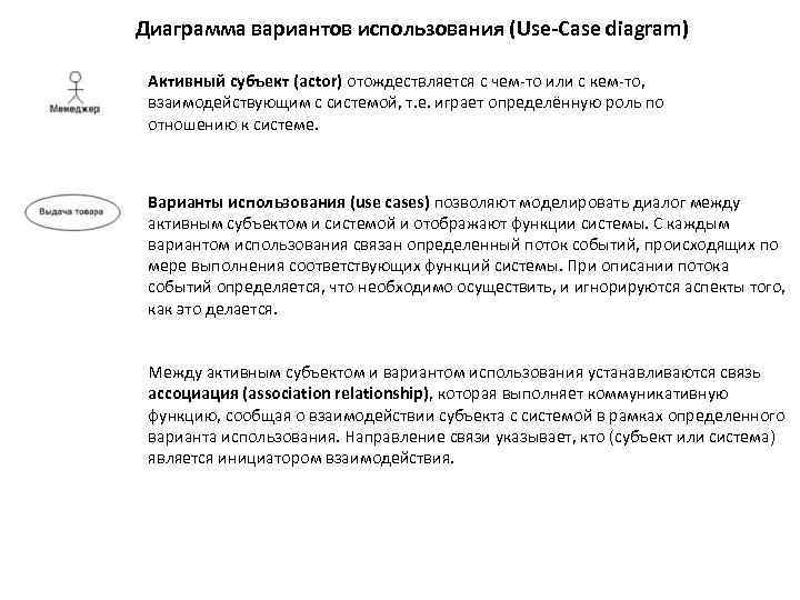 Диаграмма вариантов использования (Use-Case diagram) Активный субъект (actor) отождествляется с чем-то или с кем-то,