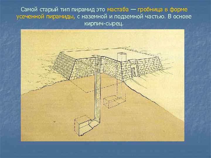 Самой старый тип пирамид это мастаба — гробница в форме усеченной пирамиды, с наземной