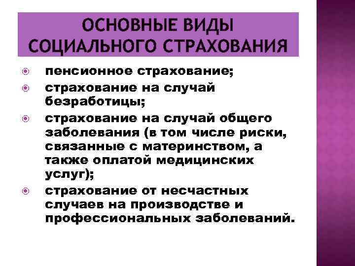 ОСНОВНЫЕ ВИДЫ СОЦИАЛЬНОГО СТРАХОВАНИЯ пенсионное страхование; страхование на случай безработицы; страхование на случай общего
