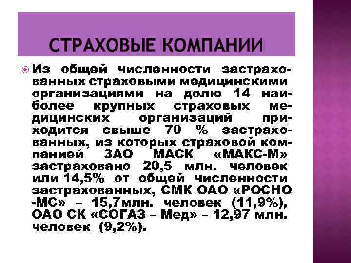 СТРАХОВЫЕ КОМПАНИИ Из общей численности застрахо ванных страховыми медицинскими организациями на долю 14 наи