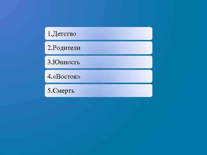 1. Детство 2. Родители 3. Юнность 4. «Восток» 5. Смерть 