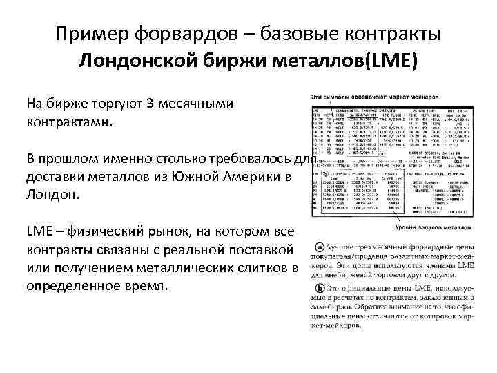 Пример форвардов – базовые контракты Лондонской биржи металлов(LME) На бирже торгуют 3 -месячными контрактами.