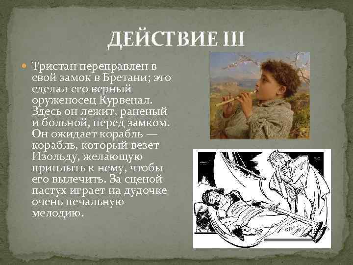 ДЕЙСТВИЕ III Тристан переправлен в свой замок в Бретани; это сделал его верный оруженосец