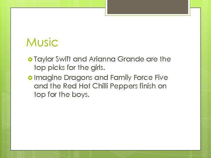 Music Taylor Swift and Arianna Grande are the top picks for the girls. Imagine