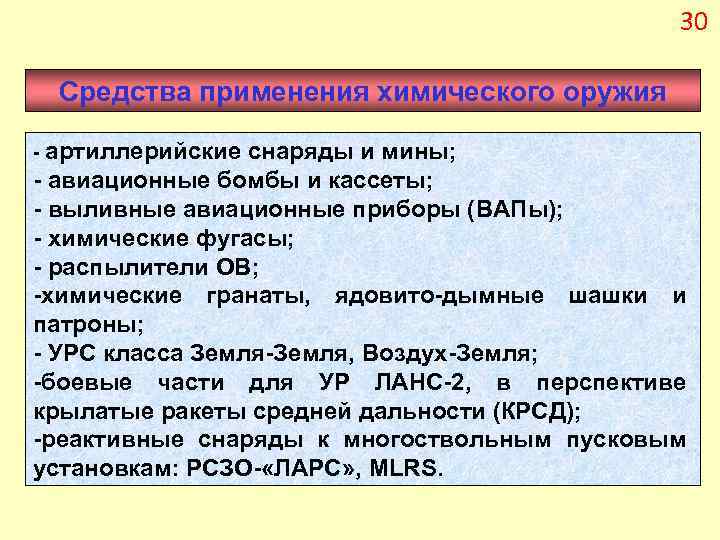 30 Средства применения химического оружия артиллерийские снаряды и мины; авиационные бомбы и кассеты; выливные