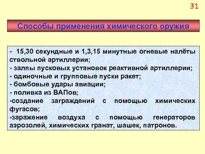 31 Способы применения химического оружия 15, 30 секундные и 1, 3, 15 минутные огневые