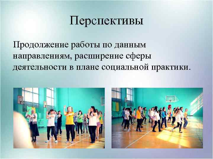 Перспективы Продолжение работы по данным направлениям, расширение сферы деятельности в плане социальной практики. 
