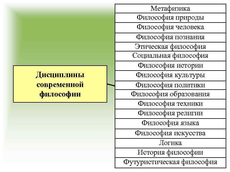 Дисциплины современной философии Метафизика Философия природы Философия человека Философия познания Этическая философия Социальная философия