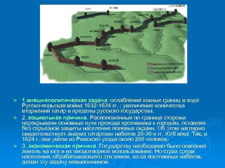 1. внешнеполитическая задача: ослабление южных границ в ходе Русско-польская война 1632 -1634 гг. ;