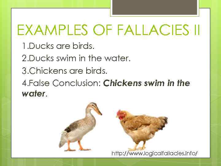 EXAMPLES OF FALLACIES II 1. Ducks are birds.   2. Ducks swim in the