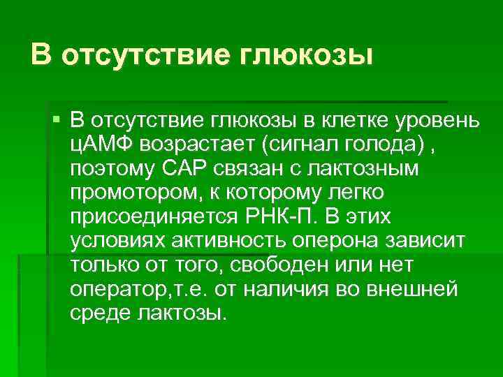 В отсутствие глюкозы в клетке уровень ц. АМФ возрастает (сигнал голода) , поэтому CАP