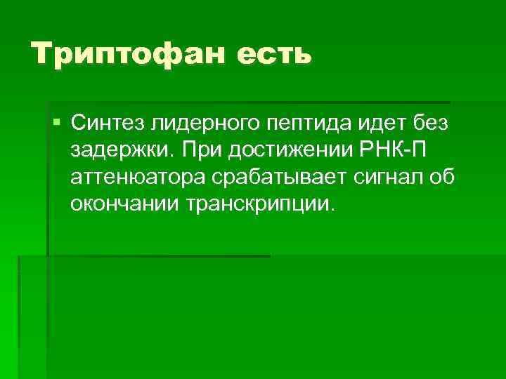 Триптофан есть Синтез лидерного пептида идет без задержки. При достижении РНК-П аттенюатора срабатывает сигнал