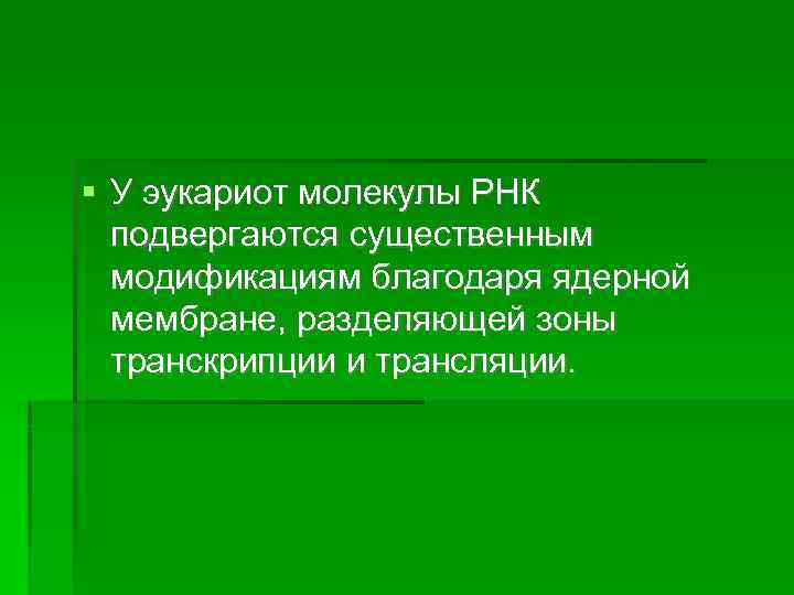  У эукариот молекулы РНК подвергаются существенным модификациям благодаря ядерной мембране, разделяющей зоны транскрипции