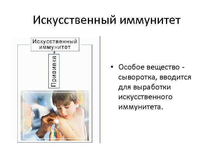 Искусственный иммунитет • Особое вещество - сыворотка, вводится для выработки искусственного иммунитета. 