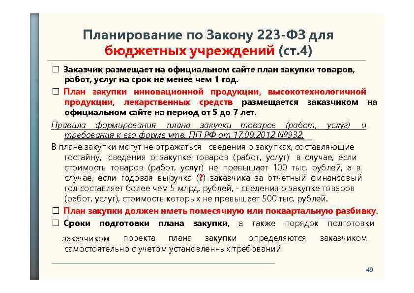 Планирование по Закону 223 -ФЗ для бюджетных учреждений (ст. 4) Заказчик размещает на официальном