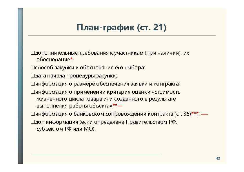 План-график (ст. 21) дополнительные требования к участникам (при наличии), их обоснование*; способ закупки и