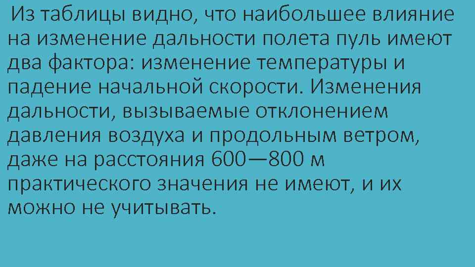 Из таблицы видно, что наибольшее влияние на изменение дальности полета пуль имеют два фактора: