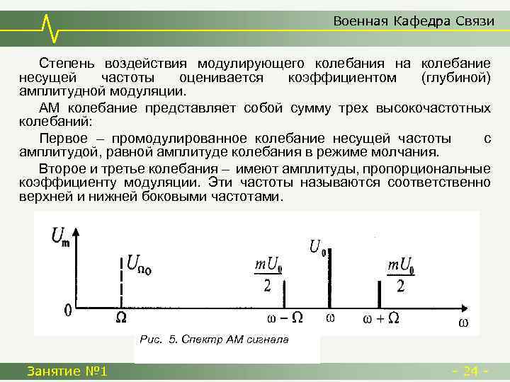 Военная Кафедра Связи Степень воздействия модулирующего колебания на колебание несущей частоты оценивается коэффициентом (глубиной)