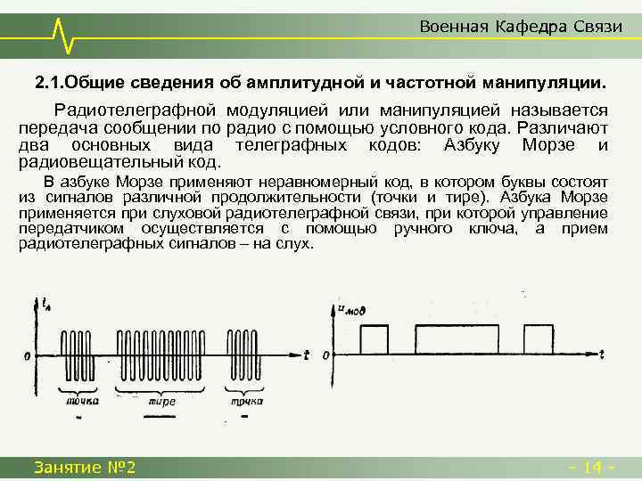 Военная Кафедра Связи 2. 1. Общие сведения об амплитудной и частотной манипуляции. Радиотелеграфной модуляцией