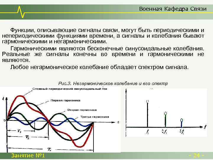 Военная Кафедра Связи Функции, описывающие сигналы связи, могут быть периодическими и непериодическими функциями времени,