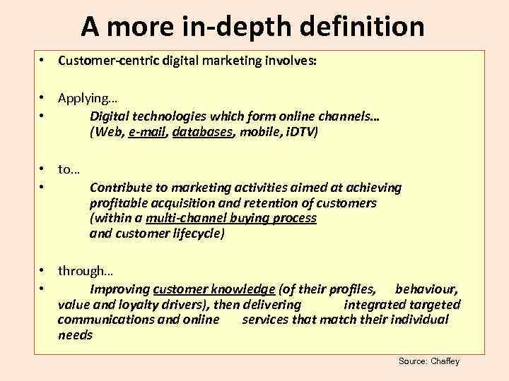 A more in-depth definition • Customer-centric digital marketing involves: • Applying… • Digital technologies