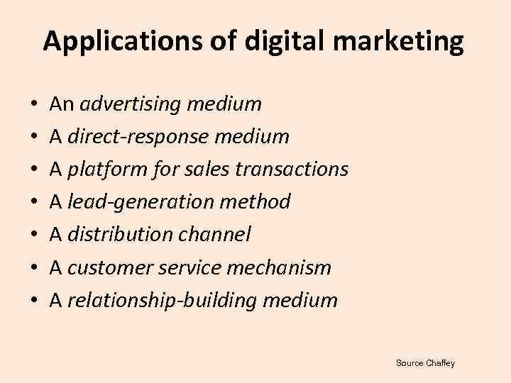 Applications of digital marketing • • An advertising medium A direct-response medium A platform