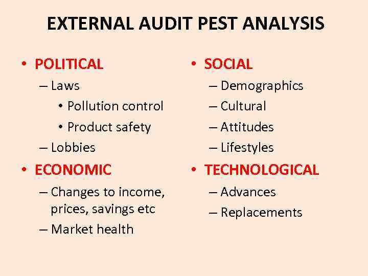 EXTERNAL AUDIT PEST ANALYSIS • POLITICAL – Laws • Pollution control • Product safety