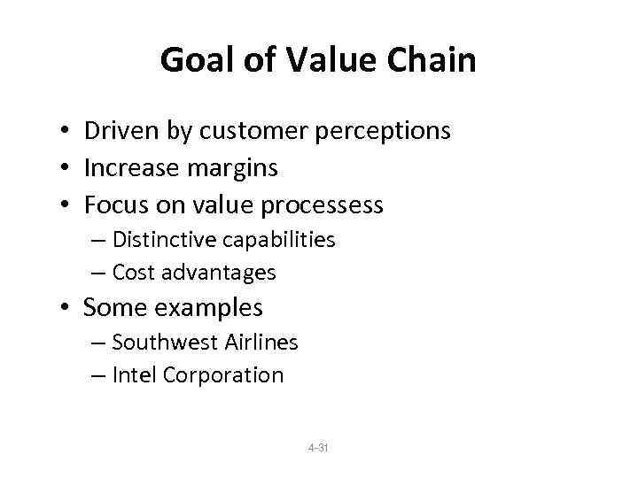 Goal of Value Chain • Driven by customer perceptions • Increase margins • Focus