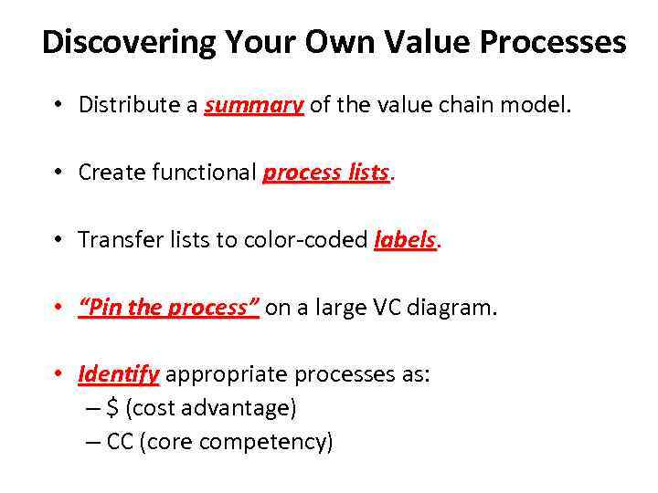 Discovering Your Own Value Processes • Distribute a summary of the value chain model.