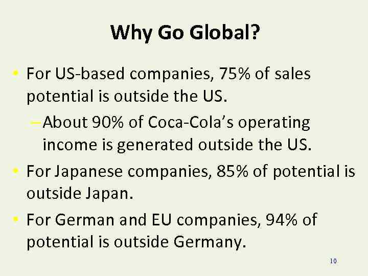 Why Go Global? • For US-based companies, 75% of sales potential is outside the