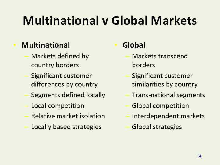 Multinational v Global Markets • Multinational – Markets defined by country borders – Significant