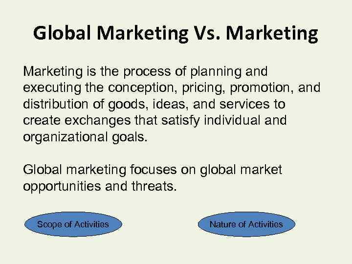 Global Marketing Vs. Marketing is the process of planning and executing the conception, pricing,