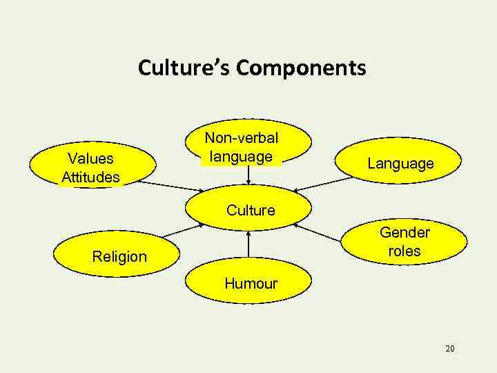 Culture’s Components Values Attitudes Non-verbal language Language Culture Gender roles Religion Humour 20 