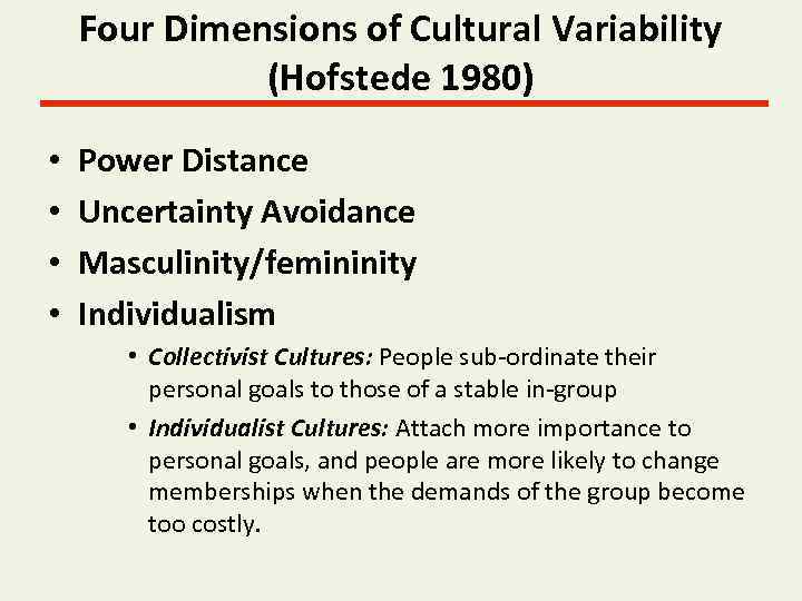 Four Dimensions of Cultural Variability (Hofstede 1980) • • Power Distance Uncertainty Avoidance Masculinity/femininity