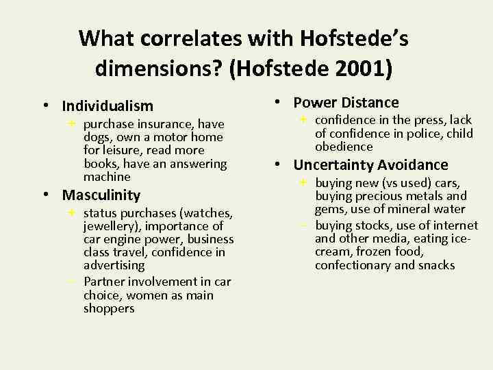 What correlates with Hofstede’s dimensions? (Hofstede 2001) • Individualism + purchase insurance, have dogs,