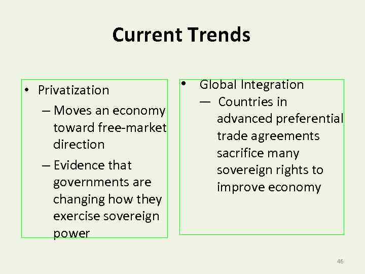 Current Trends • Global Integration • Privatization — Countries in – Moves an economy