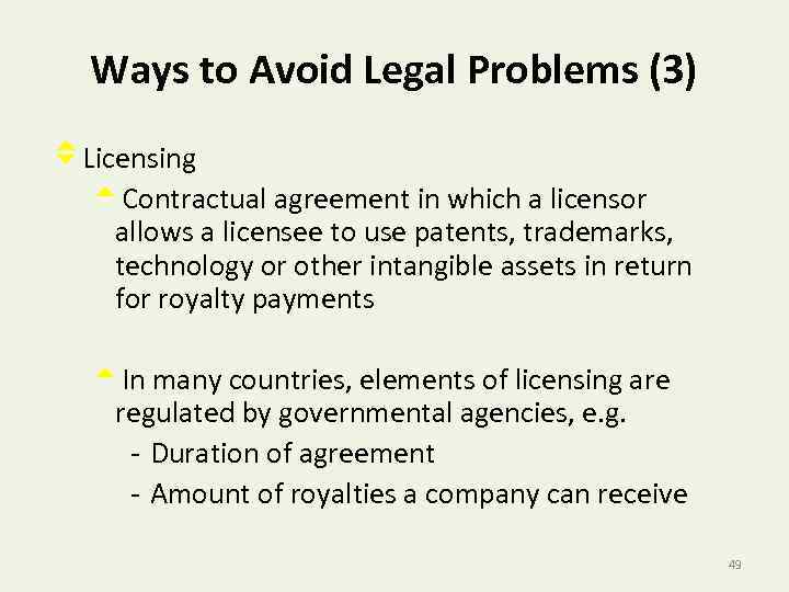 Ways to Avoid Legal Problems (3) v. Licensing t. Contractual agreement in which a