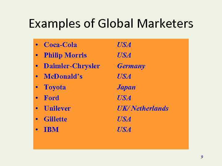 Examples of Global Marketers • • • Coca-Cola Philip Morris Daimler-Chrysler Mc. Donald’s Toyota