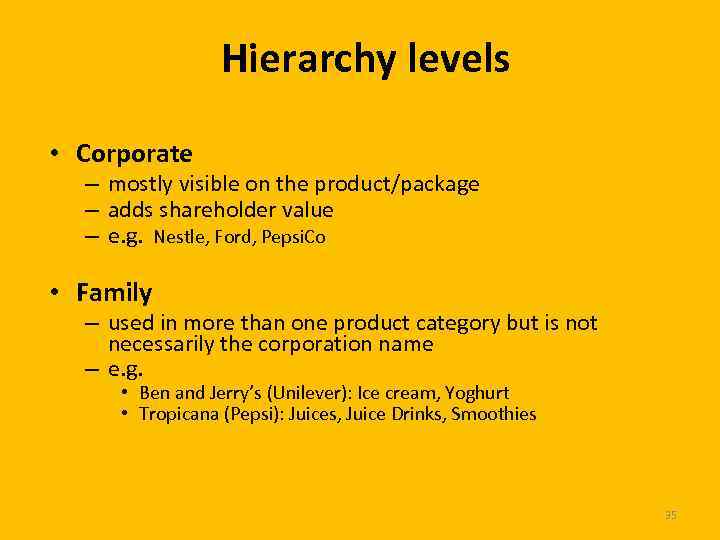 Hierarchy levels • Corporate – mostly visible on the product/package – adds shareholder value