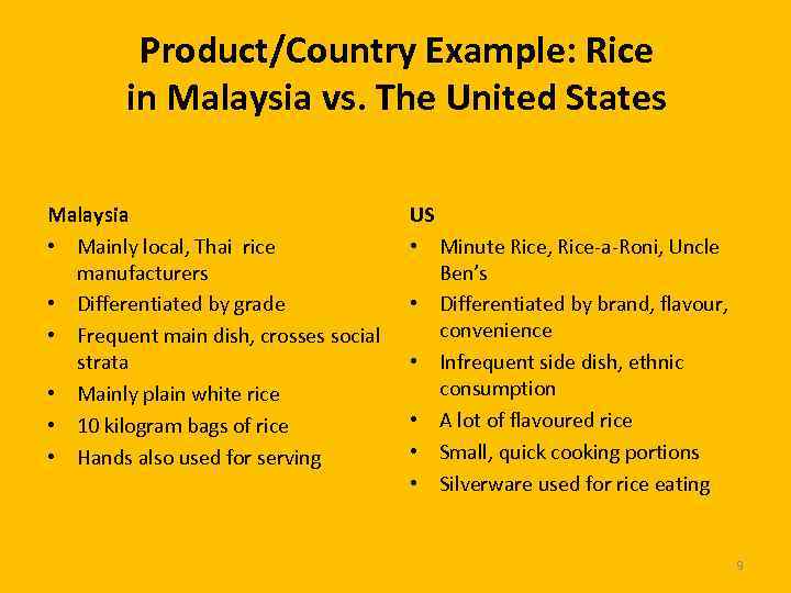 Product/Country Example: Rice in Malaysia vs. The United States Malaysia • Mainly local, Thai