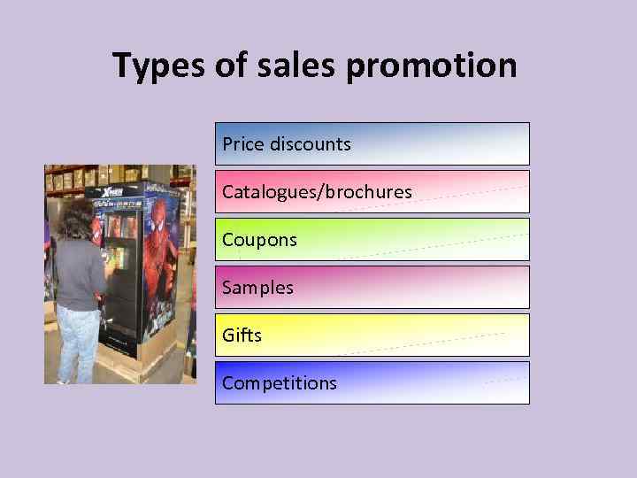 Types of sales promotion Price discounts Catalogues/brochures Coupons Samples Gifts Competitions 