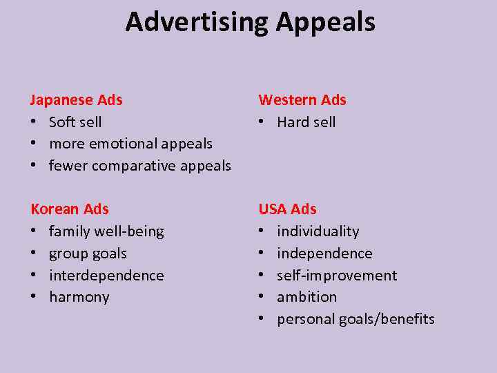 Advertising Appeals Japanese Ads • Soft sell • more emotional appeals • fewer comparative