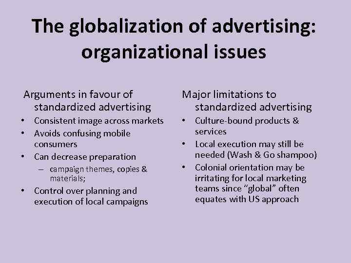 The globalization of advertising: organizational issues Arguments in favour of standardized advertising Major limitations