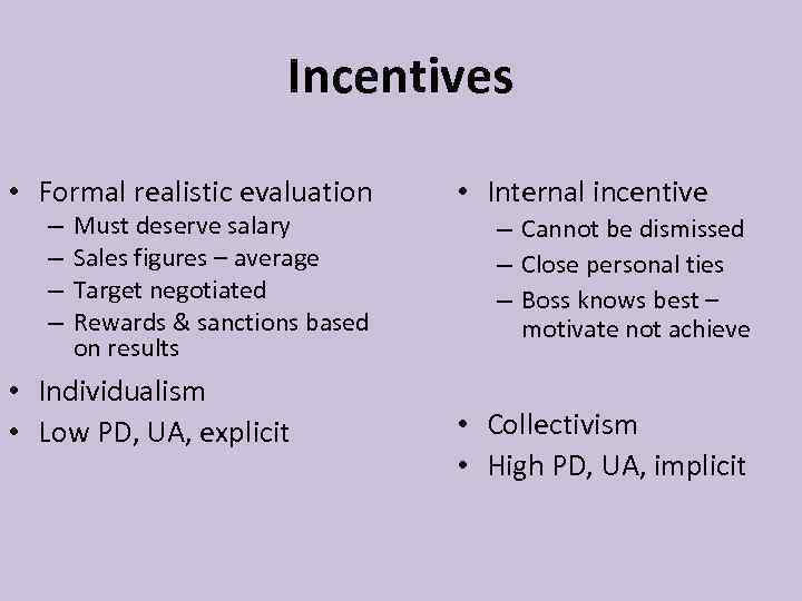 Incentives • Formal realistic evaluation – – Must deserve salary Sales figures – average