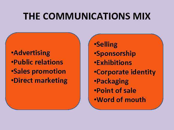 THE COMMUNICATIONS MIX • Advertising • Public relations • Sales promotion • Direct marketing
