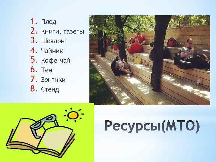 1. 2. 3. 4. 5. 6. 7. 8. Плед Книги, газеты Шезлонг Чайник Кофе-чай