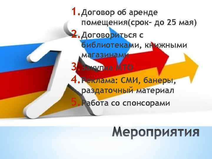 1. Договор об аренде помещения(срок- до 25 мая) 2. Договориться с библиотеками, книжными магазинами